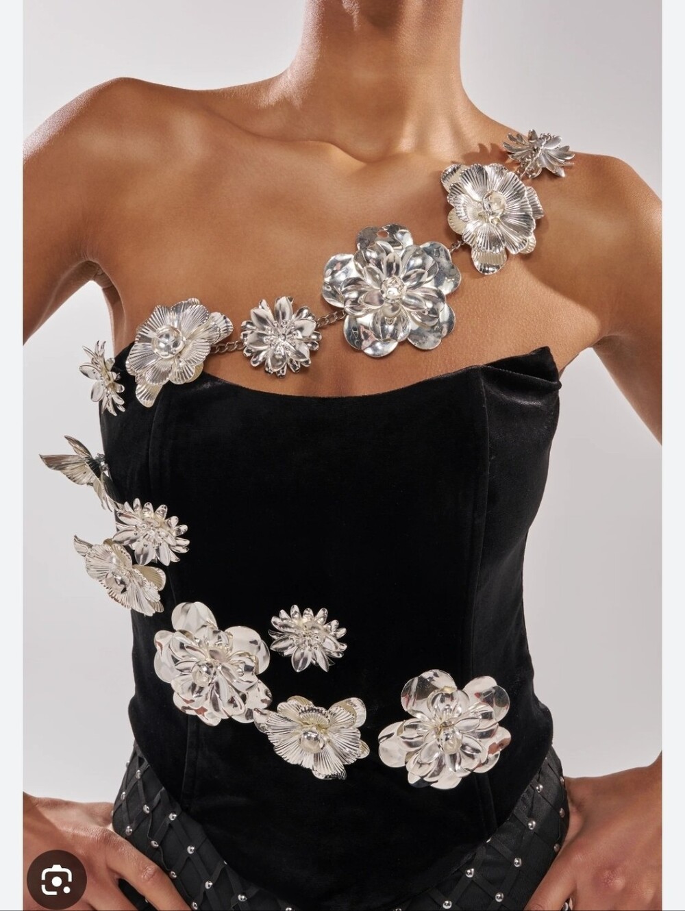 AKIRA Black Velvet Corset Top with Silver Floral Appliqués